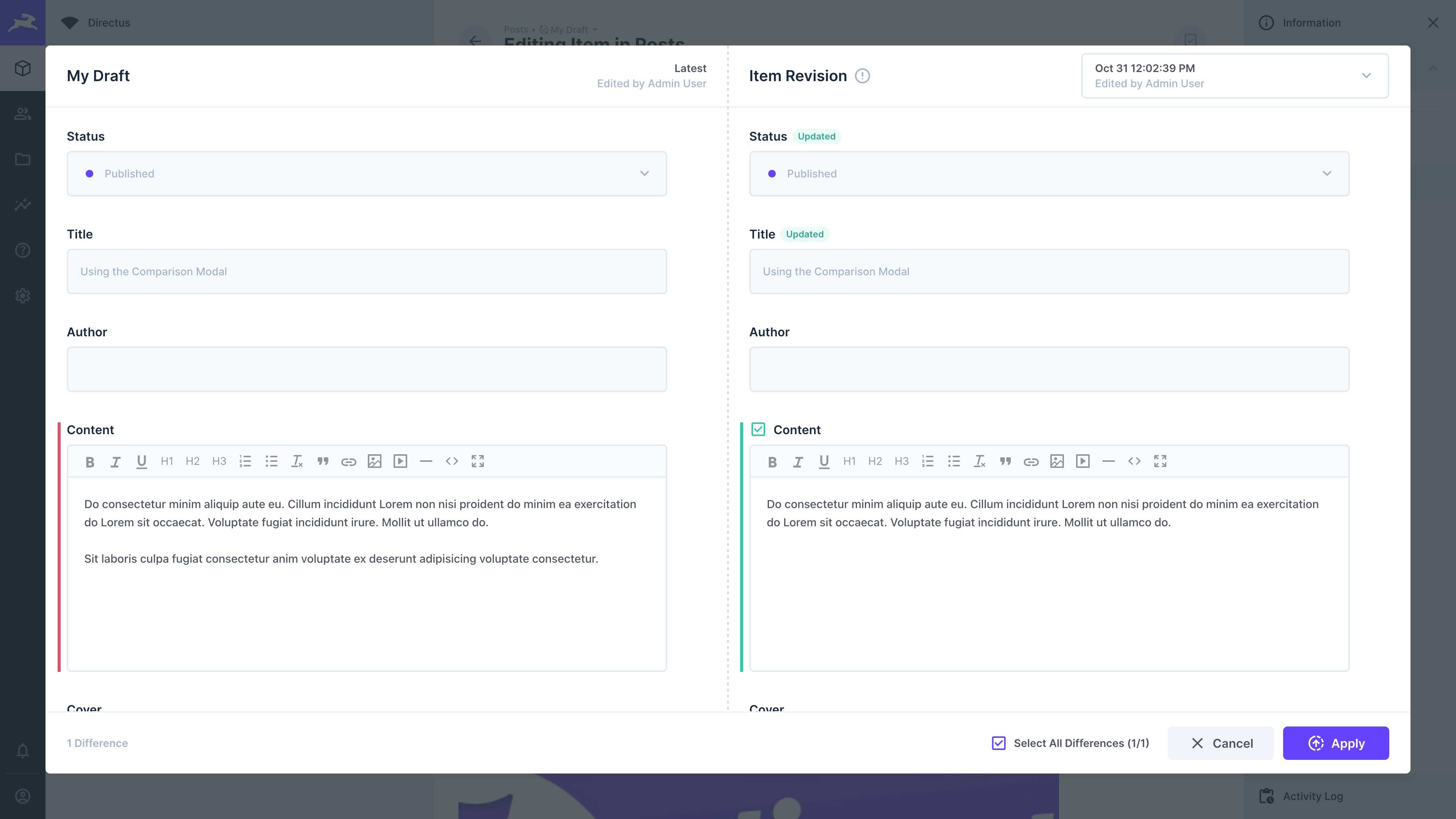 Content Comparison Modal